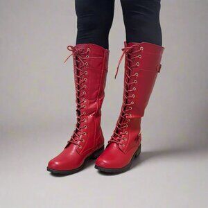 New Red Lace-Up Below Knee High Combat Moto Boot Low Block Heel Faux Leather Zip
